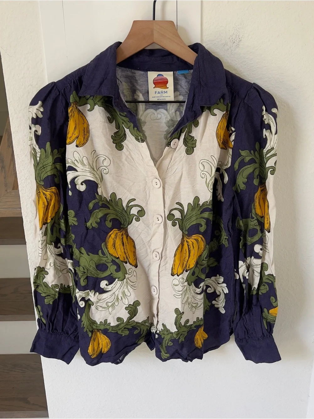 Farm Rio x Anthropologie Puff-Sleeve Printed Buttondown Banana Blouse Top Shirt - Picture 3 of 7